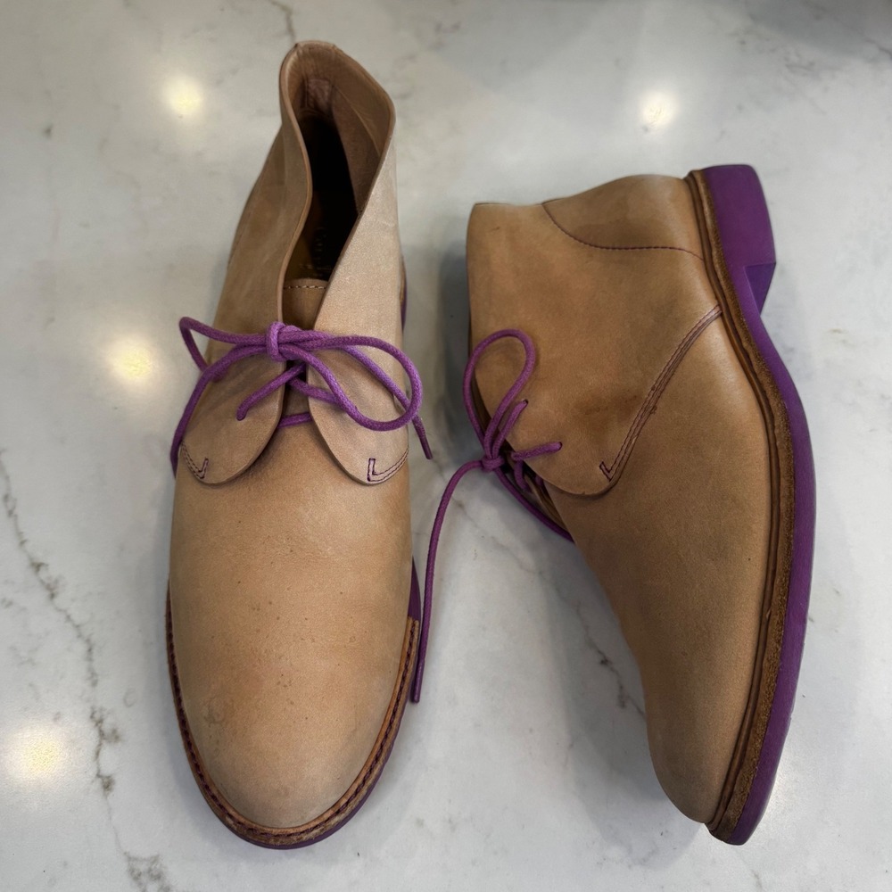 Cole Haan Zerogrand Women 9.5 B Tan Suede Purple Sole Chukka Boots Boho Preppy